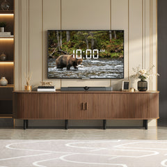 87.5 Inch Large TV Stand with Power Outlet, Modern Entertainment Center with Sliding Doors & Adjustable Shelves for TVs Up to 90", Classic Brown