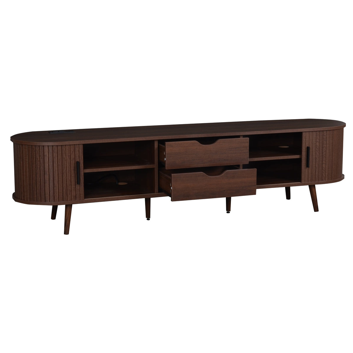 70 Inch Mid Century Modern TV Stand, TV Stand for 80 Inch TV, TV Stand with Tambour Doors, Drawers and Power Outlet, TV Consoles for Living Room, Bedroom