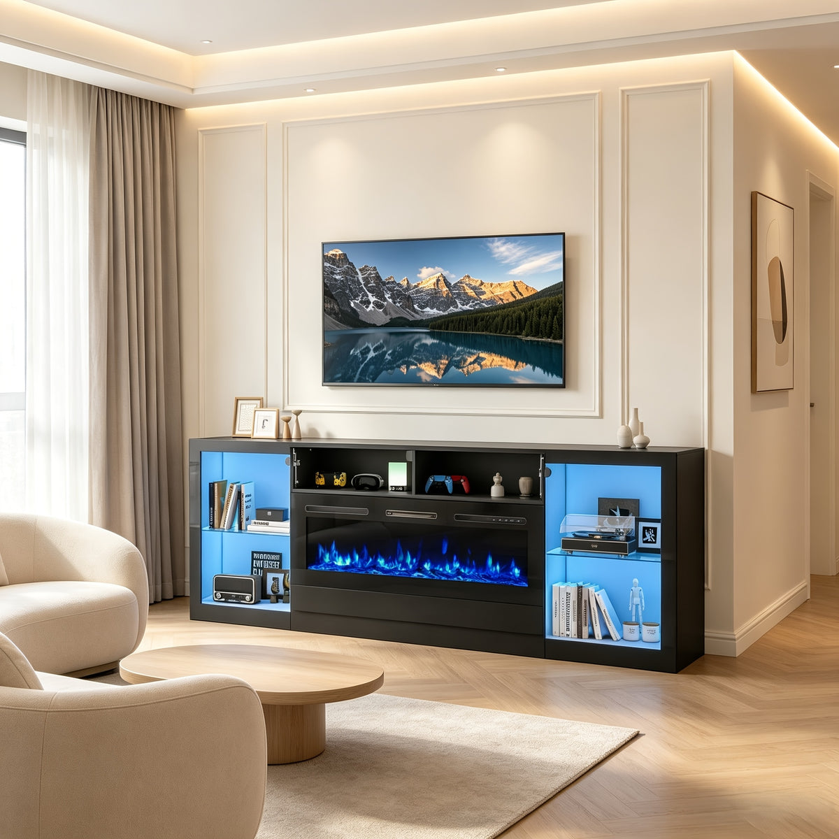 94.5" Black High Gloss TV Stand for Up to 100" TV, RGB LED Gaming Entertainment Media Console with Charging Station, Glass Display Shelves & Storage Cabinets, Modern Living Room TV Cabinet Home Living Space (Fireplace Not Included)