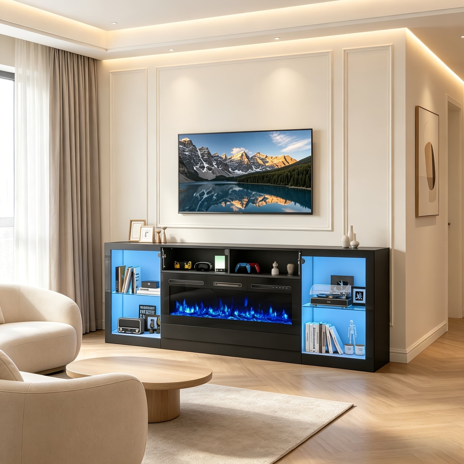 94.5" Black High Gloss TV Stand for Up to 100" TV, RGB LED Gaming Entertainment Media Console with Charging Station, Glass Display Shelves & Storage Cabinets, Modern Living Room TV Cabinet Home Living Space (Fireplace Not Included)