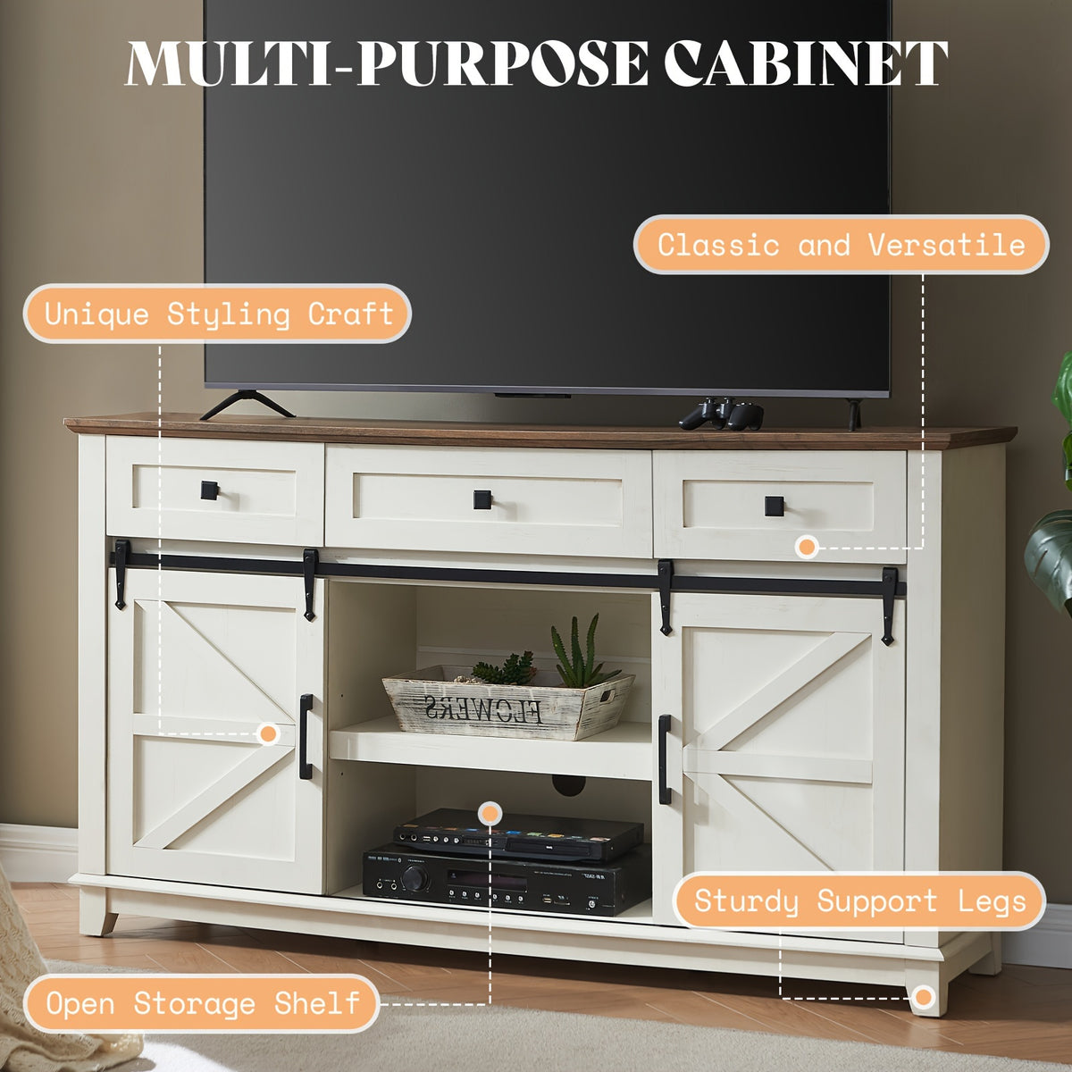 Farmhouse TV Stand for Televisions up to 65 Inchs, Entertainment Center with Sliding Barn Doors and Storage Drawers, Living Room Furniture with Cabinets