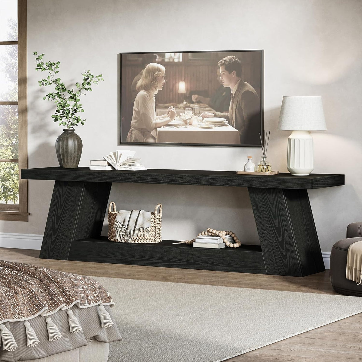 63' TV Stand for TVs up to 75', Rustic Wood Media Console with Storage Shelves, Entertainment Center Television Table for Living Room, Bedroom, Black