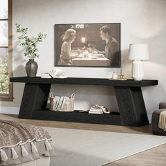 63' TV Stand for TVs up to 75', Rustic Wood Media Console with Storage Shelves, Entertainment Center Television Table for Living Room, Bedroom, Black