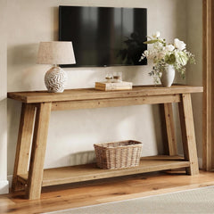 Solid Wood TV Stand for 65/70/75/80 Inch Tvs, Entertainment Center with Open Storage Shelves, Farmhouse TV Console Media Television Stands for Living Room, Bedroom, Natural Wood Color