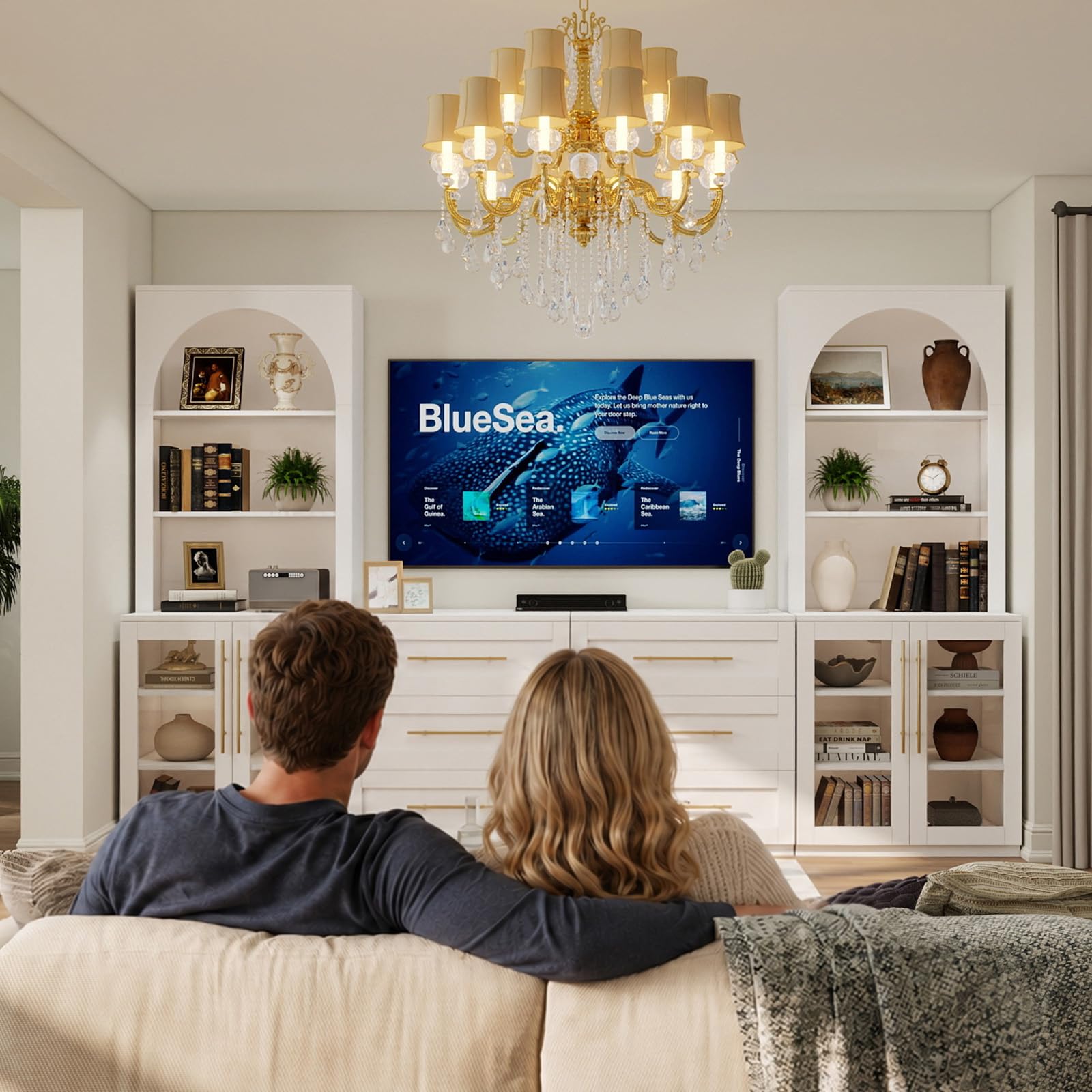 126" Entertainment Center with Bookshelves,4 Doors & 6 Drawers, Modern Farmhouse TV Stand Wall Unit for TVs up to 70" Media Console Storage Cabinet with 18 Shelves for Living Room Heavy-Duty White