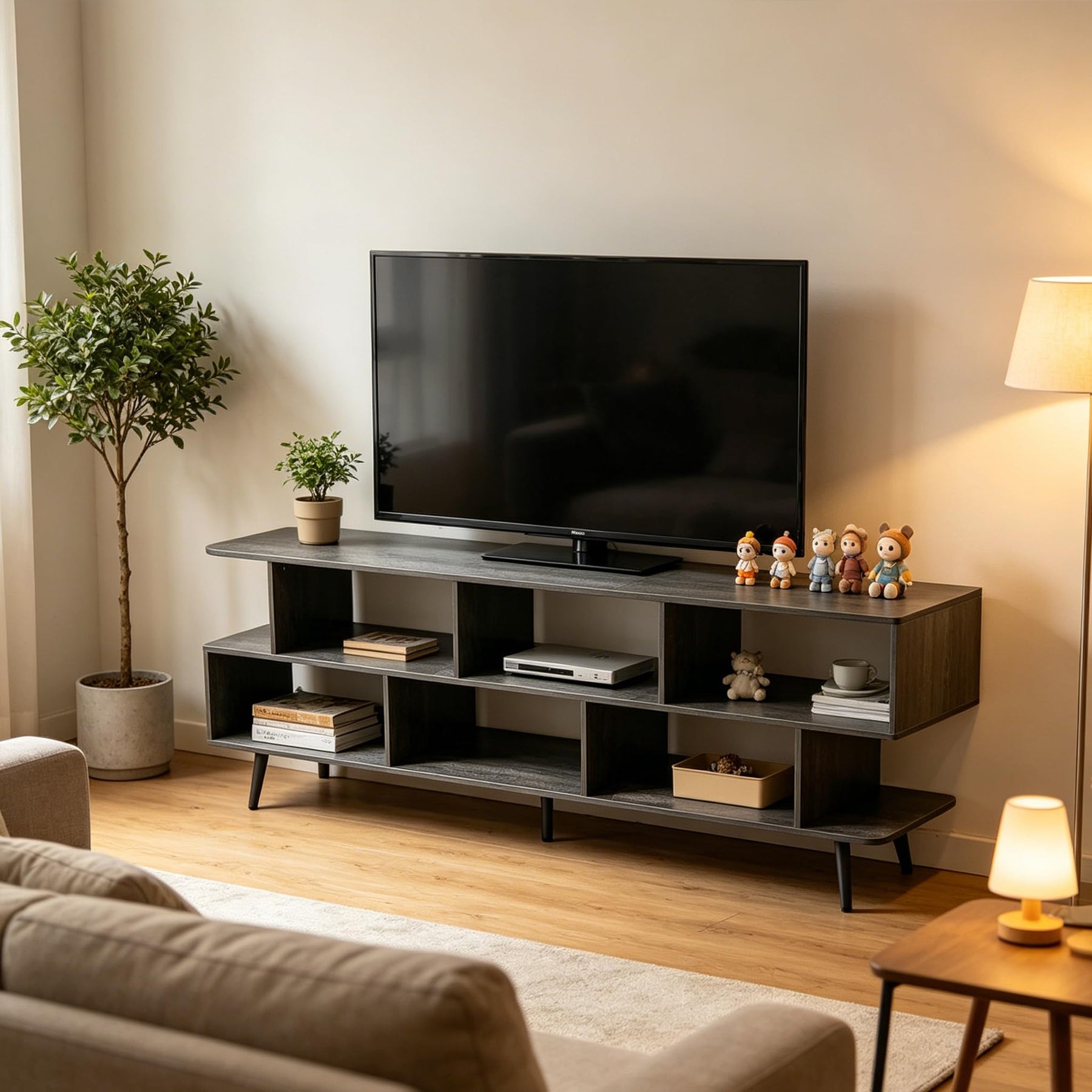 ACOHOOK Walnut 60" Mid-Century TV Stand with Storage Open Shelf