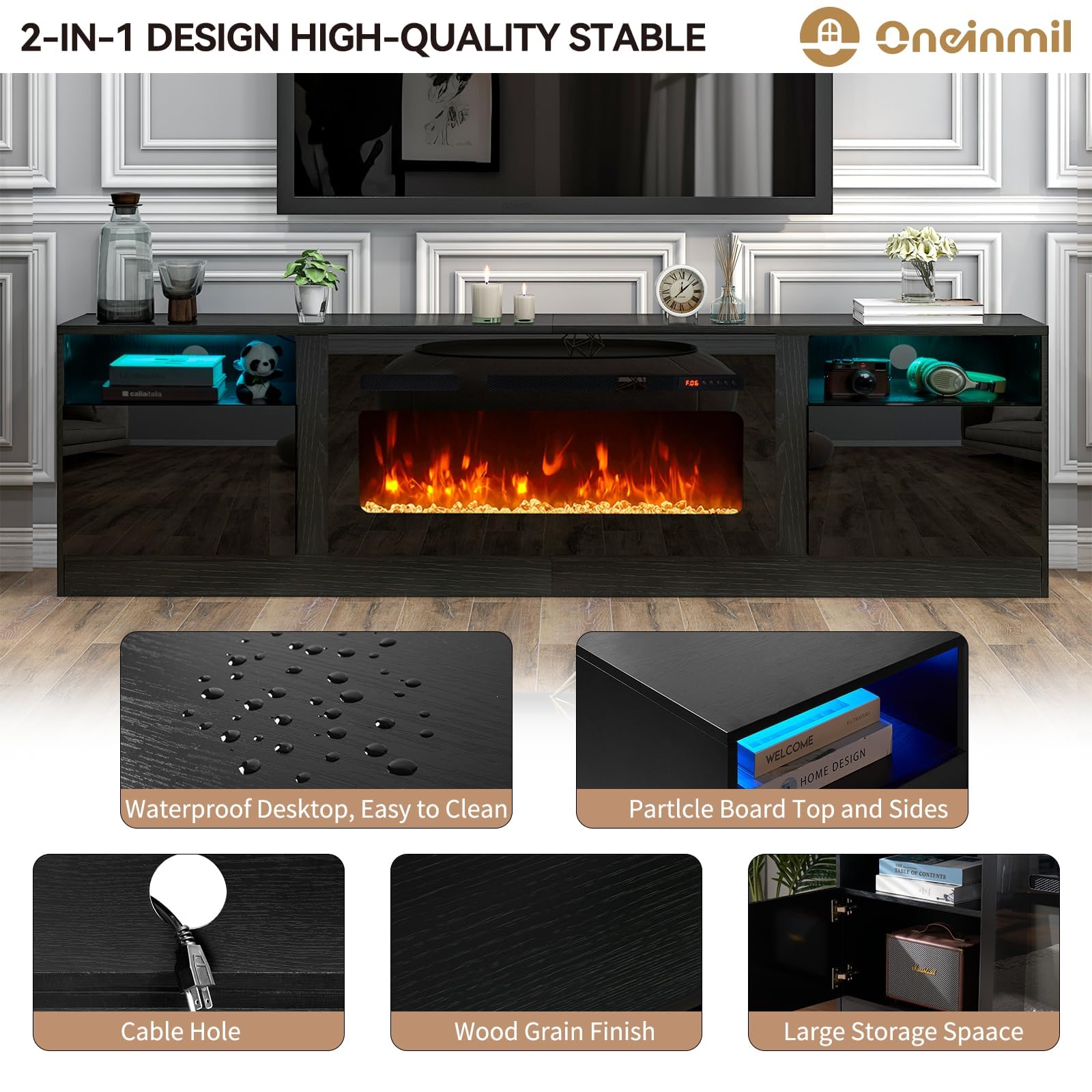oneinmil Fireplace TV Stand with 36" Electric Fireplace, LED Light Entertainment Center, Modern Wood Texture Entertainment Stand with Highlight Storage Cabinet for TVs Up to 80", 70 inches, Black