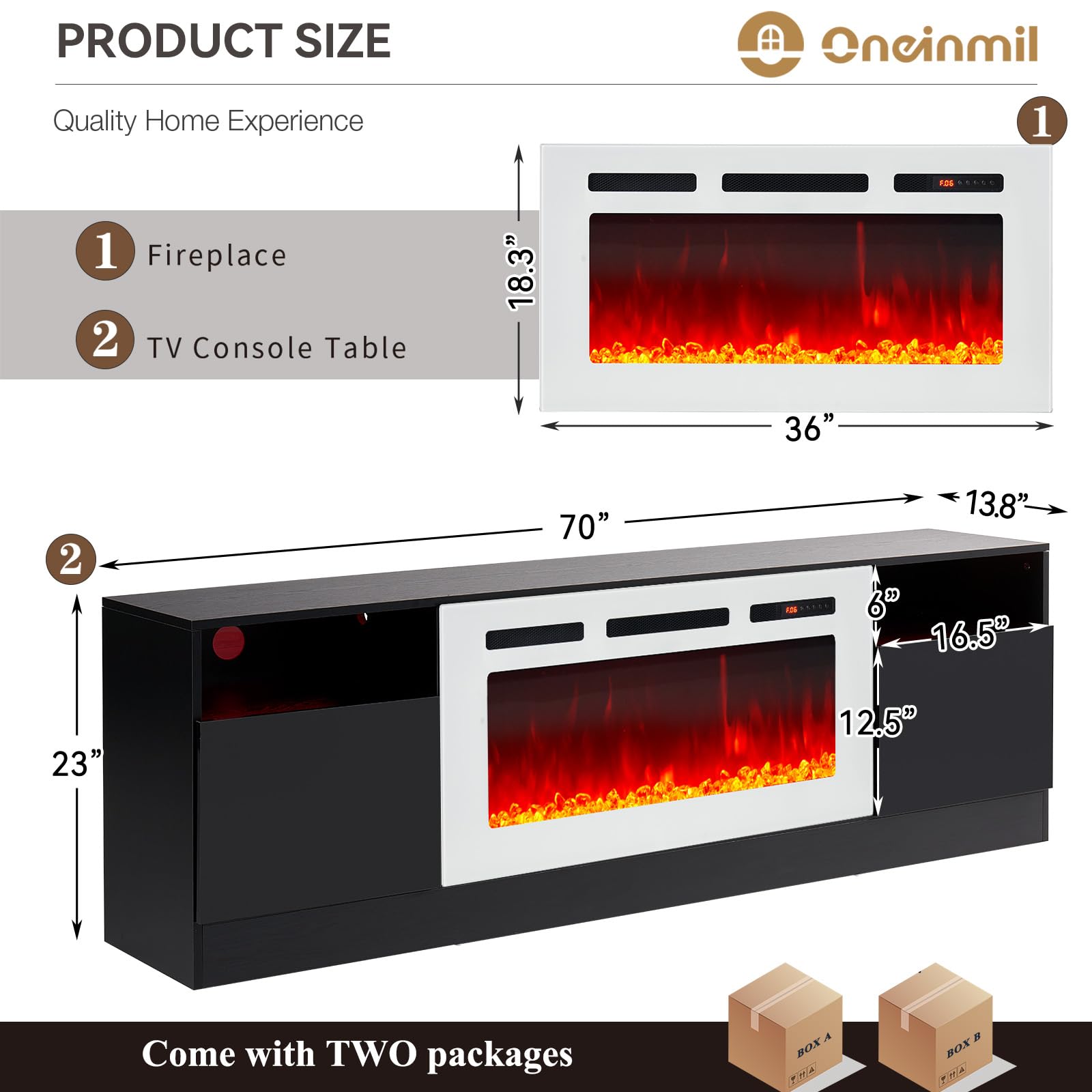 oneinmil Fireplace TV Stand with 36" Electric Fireplace, LED Light Entertainment Center, Modern Wood Texture Entertainment Stand with Highlight Storage Cabinet for TVs Up to 80", 70 inches, Black