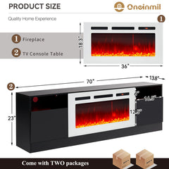 oneinmil Fireplace TV Stand with 36" Electric Fireplace, LED Light Entertainment Center, Modern Wood Texture Entertainment Stand with Highlight Storage Cabinet for TVs Up to 80", 70 inches, Black