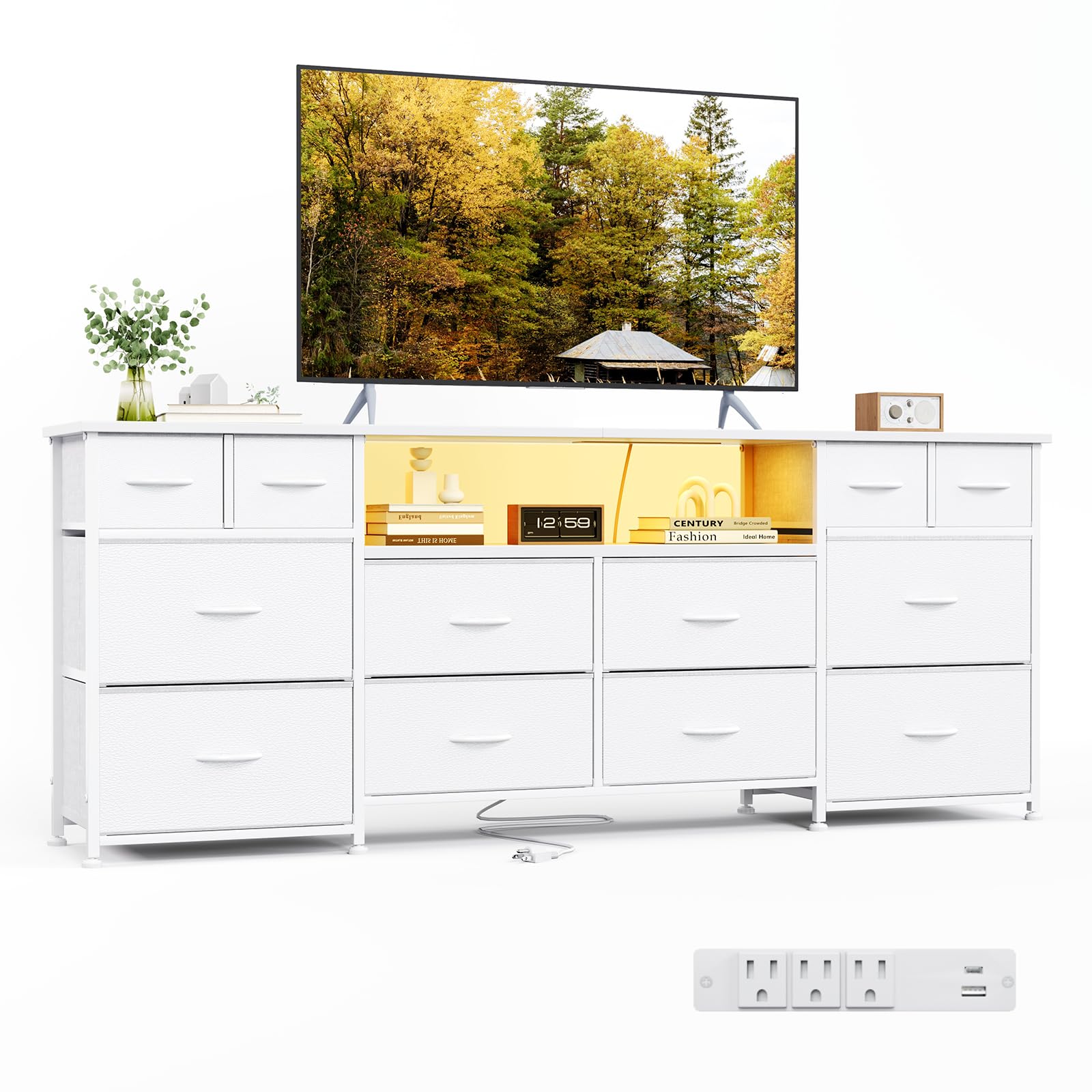 VERMESS 63 Inch 12 Drawers Long Dresser for Bedroom, Chest of Drawers, TV Stand with LED & Power Outlets, Entertainment Center with Storage Shelves, TV Unit for Living Room, for 65, 70 Inch TV, Black