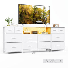 VERMESS 63 Inch 12 Drawers Long Dresser for Bedroom, Chest of Drawers, TV Stand with LED & Power Outlets, Entertainment Center with Storage Shelves, TV Unit for Living Room, for 65, 70 Inch TV, Black