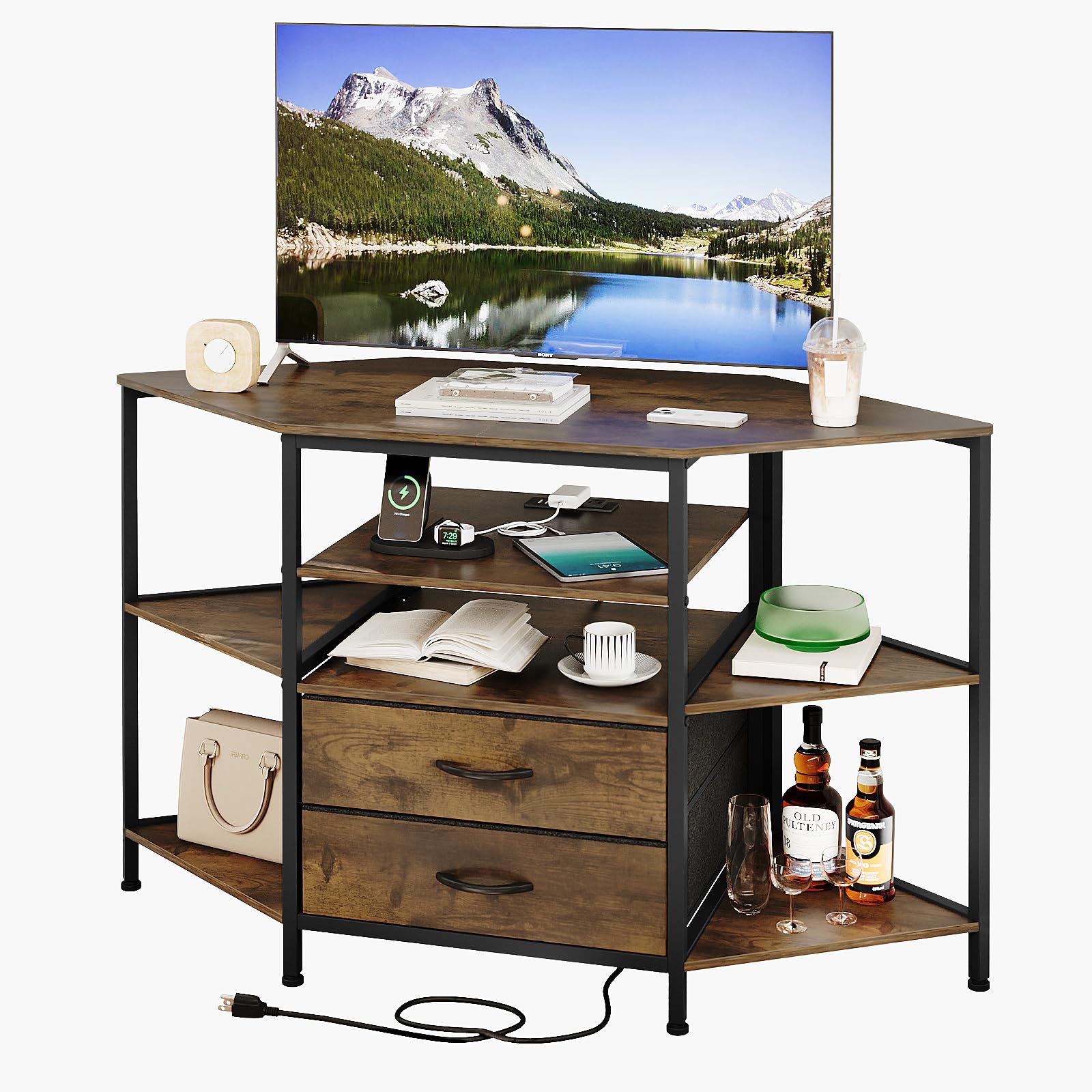 Welfuturer Corner TV Stand for 55 Inch TV with Drawers, Brown