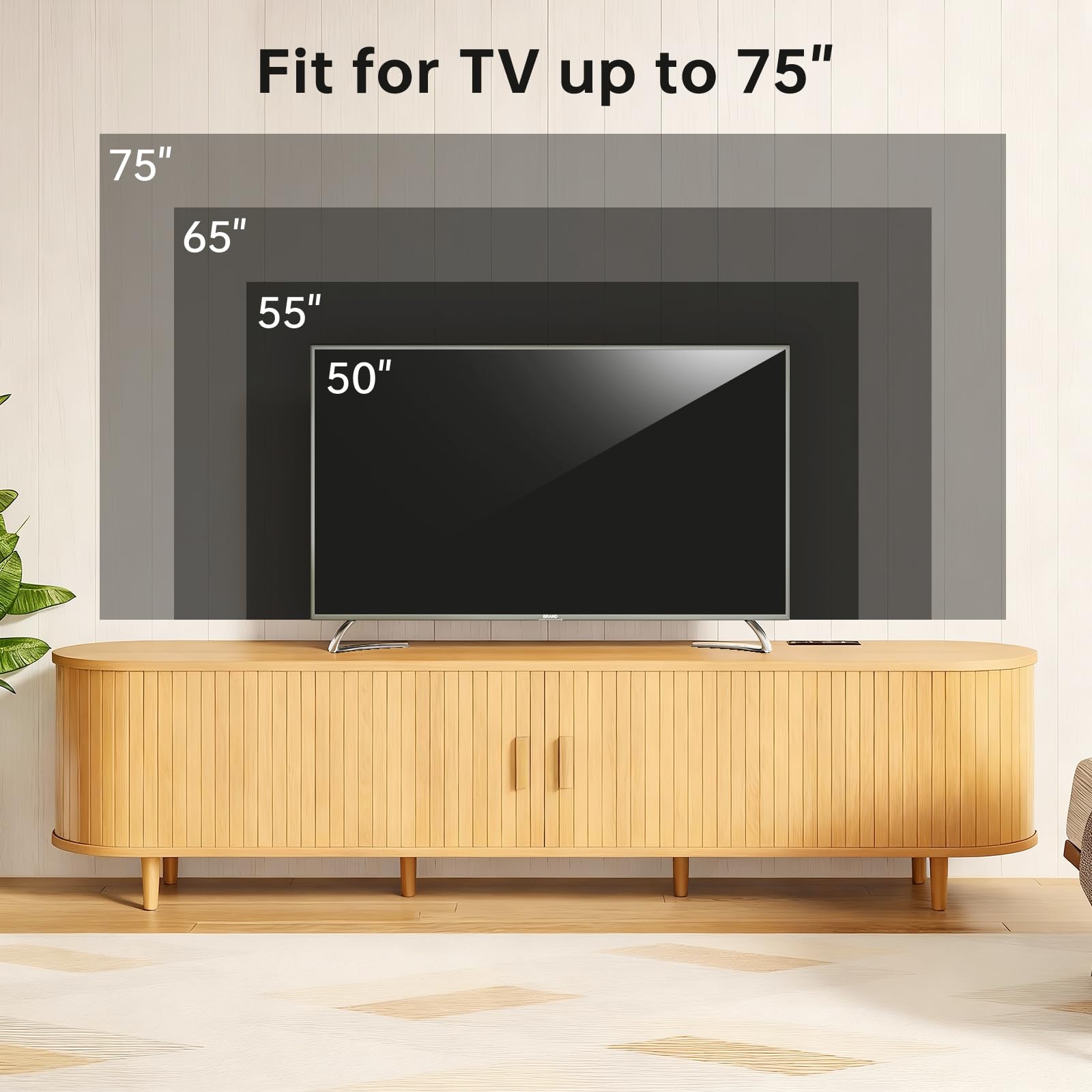 OneBlis 70" Mid Century Modern TV Stand, Wood TV Consoles with Sliding Doors and Power Outlet, Entertainment Center with Adjustable Shelves, Fluted TV Stands for Living Room, Walnut