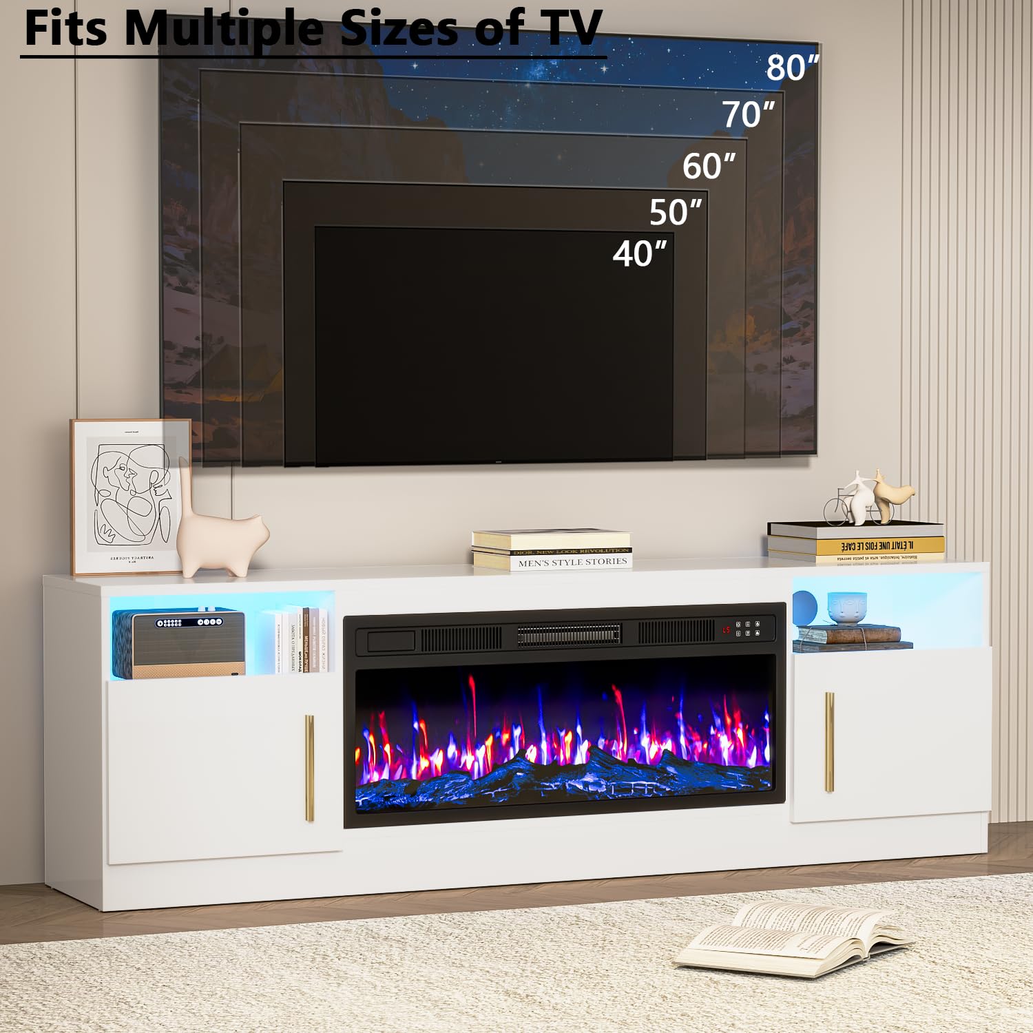PRETZI Fireplace TV Stand with 36" Fireplace Up to 80" TVs for Living Room