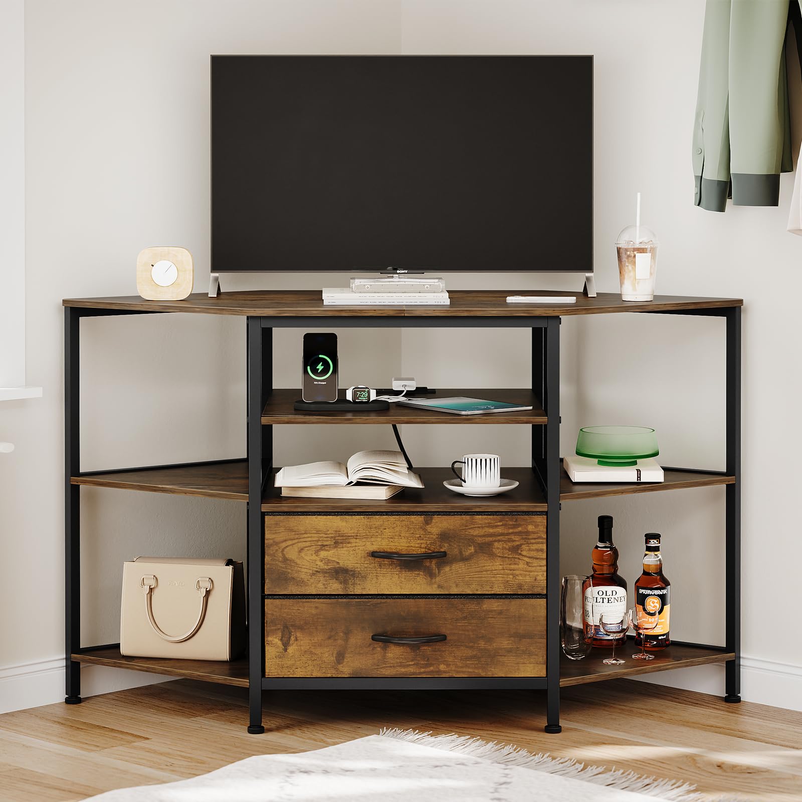 Welfuturer Corner TV Stand for 55 Inch TV with Drawers, Brown