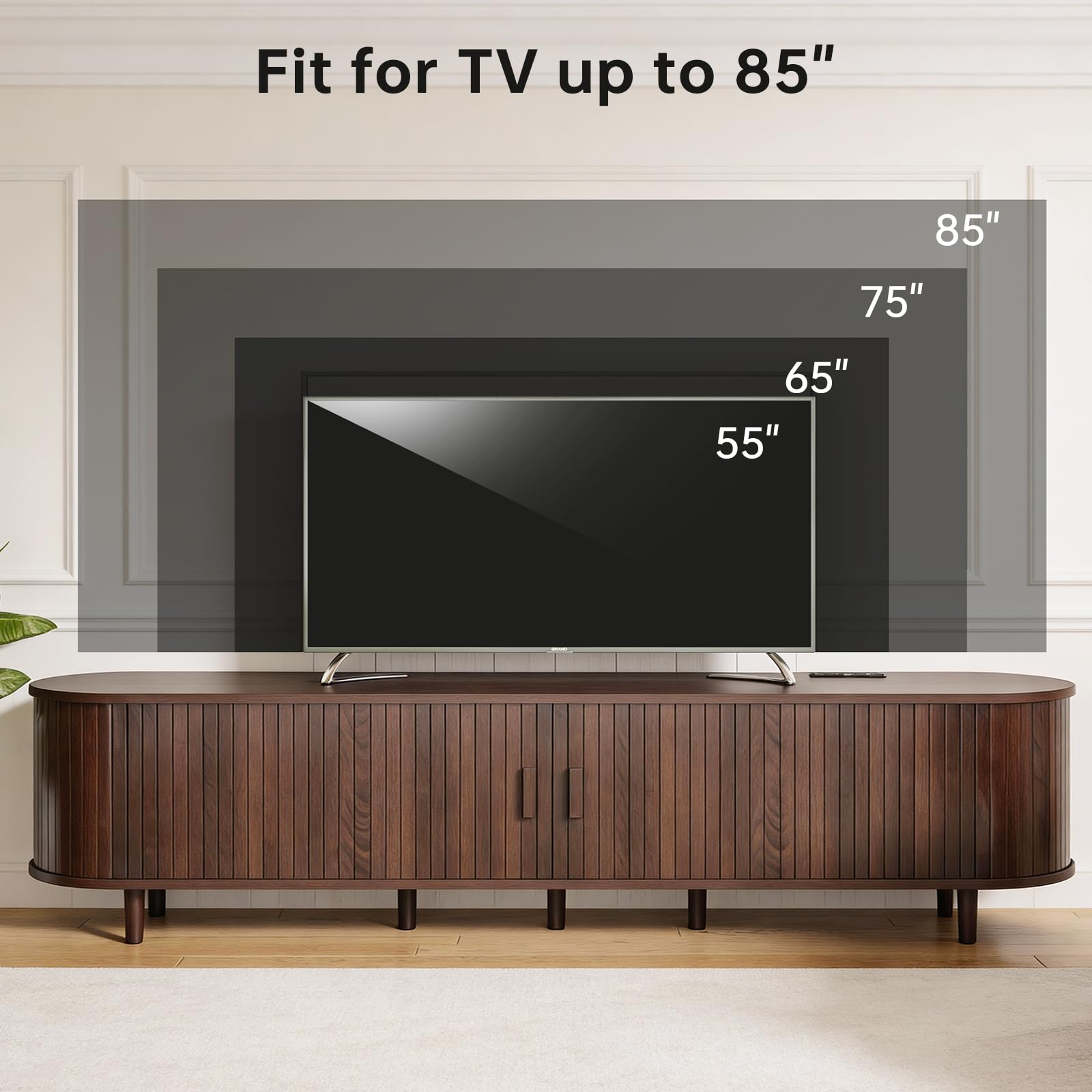 OneBlis 70" Mid Century Modern TV Stand, Wood TV Consoles with Sliding Doors and Power Outlet, Entertainment Center with Adjustable Shelves, Fluted TV Stands for Living Room, Walnut