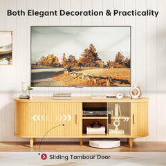 OneBlis 70" Mid Century Modern TV Stand, Wood TV Consoles with Sliding Doors and Power Outlet, Entertainment Center with Adjustable Shelves, Fluted TV Stands for Living Room, Walnut