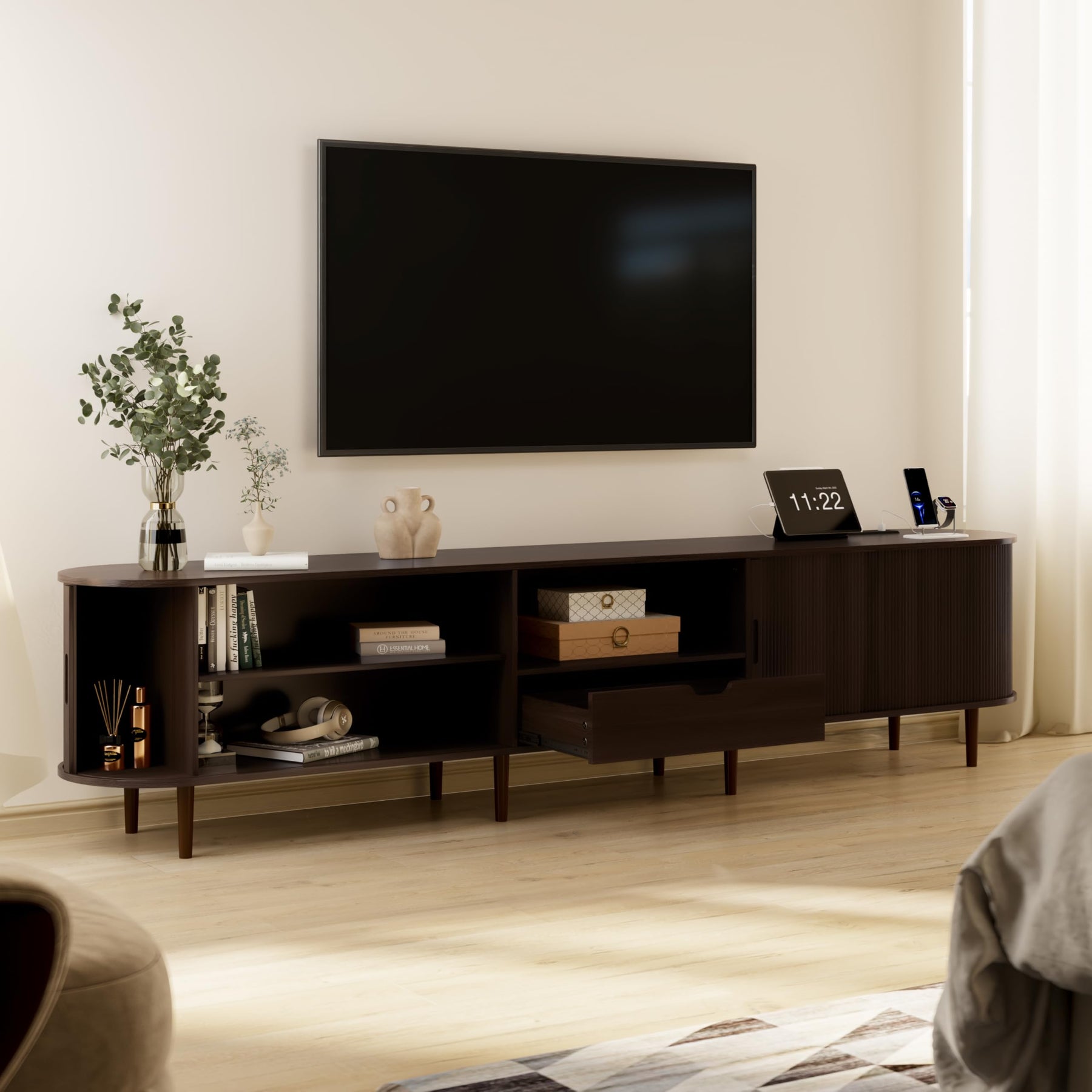 DHH 86.6" Fluted TV Stand with Power Outlet for TVs up to 90", TV Console with Adjustable Shelves and Sliding Door,Mid Century Modern Entertainment Center for Living Room,Bedroom (Walnut)