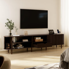 DHH 86.6" Fluted TV Stand with Power Outlet for TVs up to 90", TV Console with Adjustable Shelves and Sliding Door,Mid Century Modern Entertainment Center for Living Room,Bedroom (Walnut)
