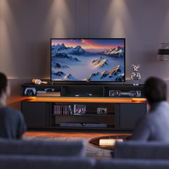 WLIVE Modern TV Stand for 75 Inch TV, 2 Tier Entertainment Center with RGB LED Lights & Storage Cabinets, Media TV Console Gaming Television Stands for Living Room, Bedroom, Black