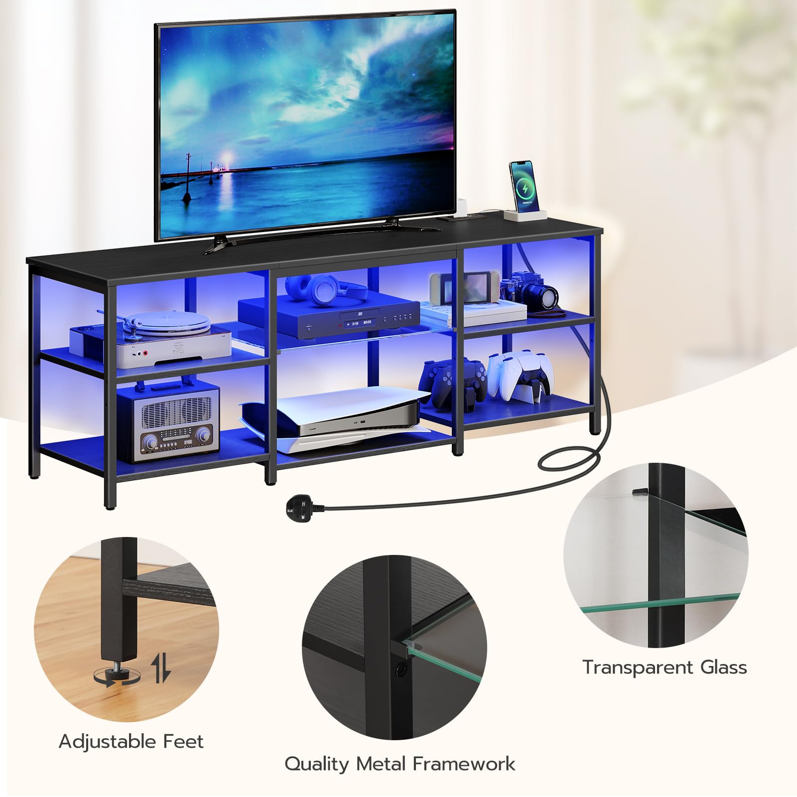 HOOBRO LED TV Stand for 75 Inch TVs with Charging Station, Gaming Entertainment Center with 3-Tier Open Storage, Long 70.1” Media TV Console Table, TV Stand for Living Room, Bedroom, Black BB22UDDS01