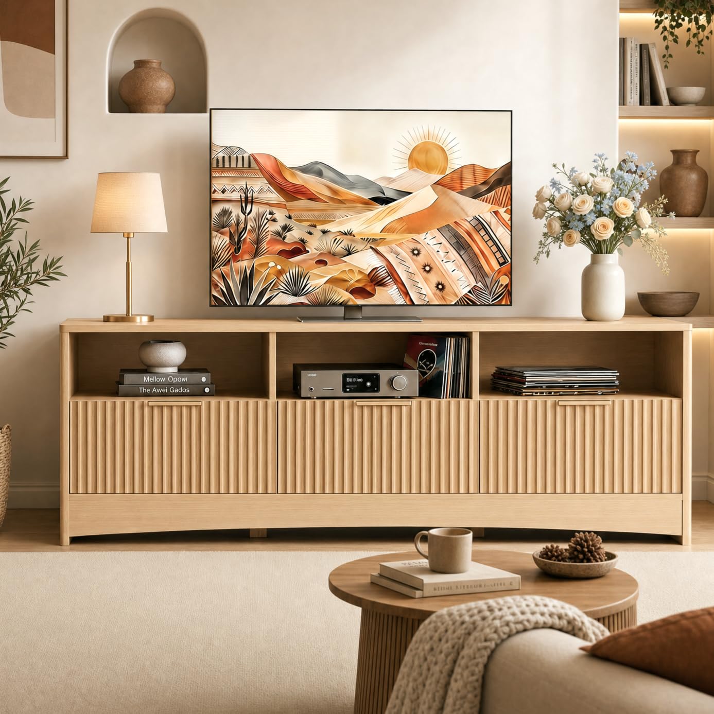 Marsail Fluted TV Stand for 65 inch TV, Modern Entertainment Center with Drawers, Boho TV Stands Wood Media Console Cabinet with Storage and Shelves, TV Consoles for Living Room, Bedroom, Oak
