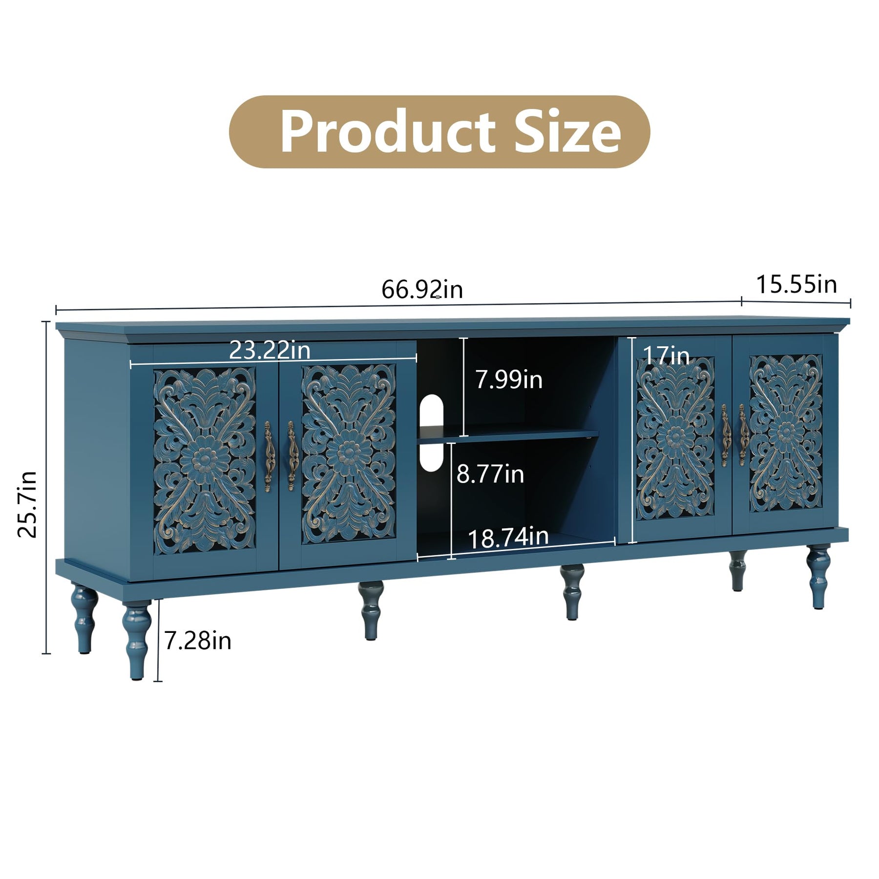 ARTPOWER 67" Retro TV Stand with Hollow Carved Doors for Living Room, Blue