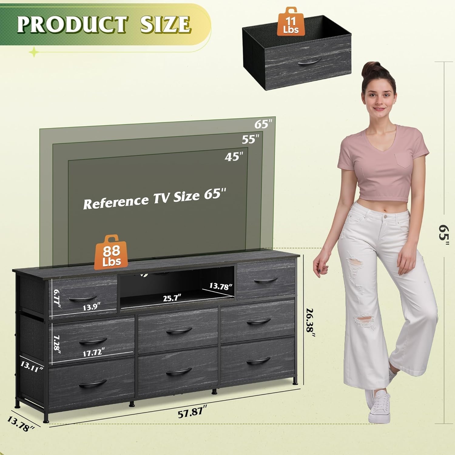 WLIVE LED Dresser TV Stand for 65 Inch TV, 8 Drawers, White