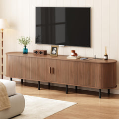 ONBRILL 70.8" TV Stand with Power Outlet for TVs up to 75 Inch, Entertainment Center with Storage and Adjustable Shelves, Modern Media Console with Sliding Doors for Living Room, Walnut
