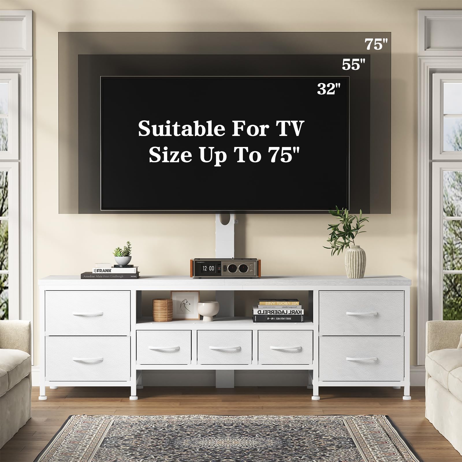 DrawXynth TV Stand with Mount for 45/55/65/75 inch TVs, 51.2" Dresser TV Stand Entertainment Center with 7 Fabric Drawers, Open Storage Shelves, Media Console for Living Room