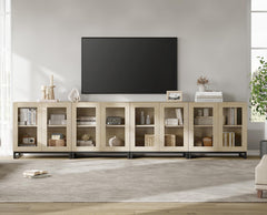 WAMPAT Modern TV Stand with Glass Doors for 80-120 inch TVs, 4 in 1 Entertainment Center Console with 4 Drawers and Metal Base for Living Room, Bedroom, Brown