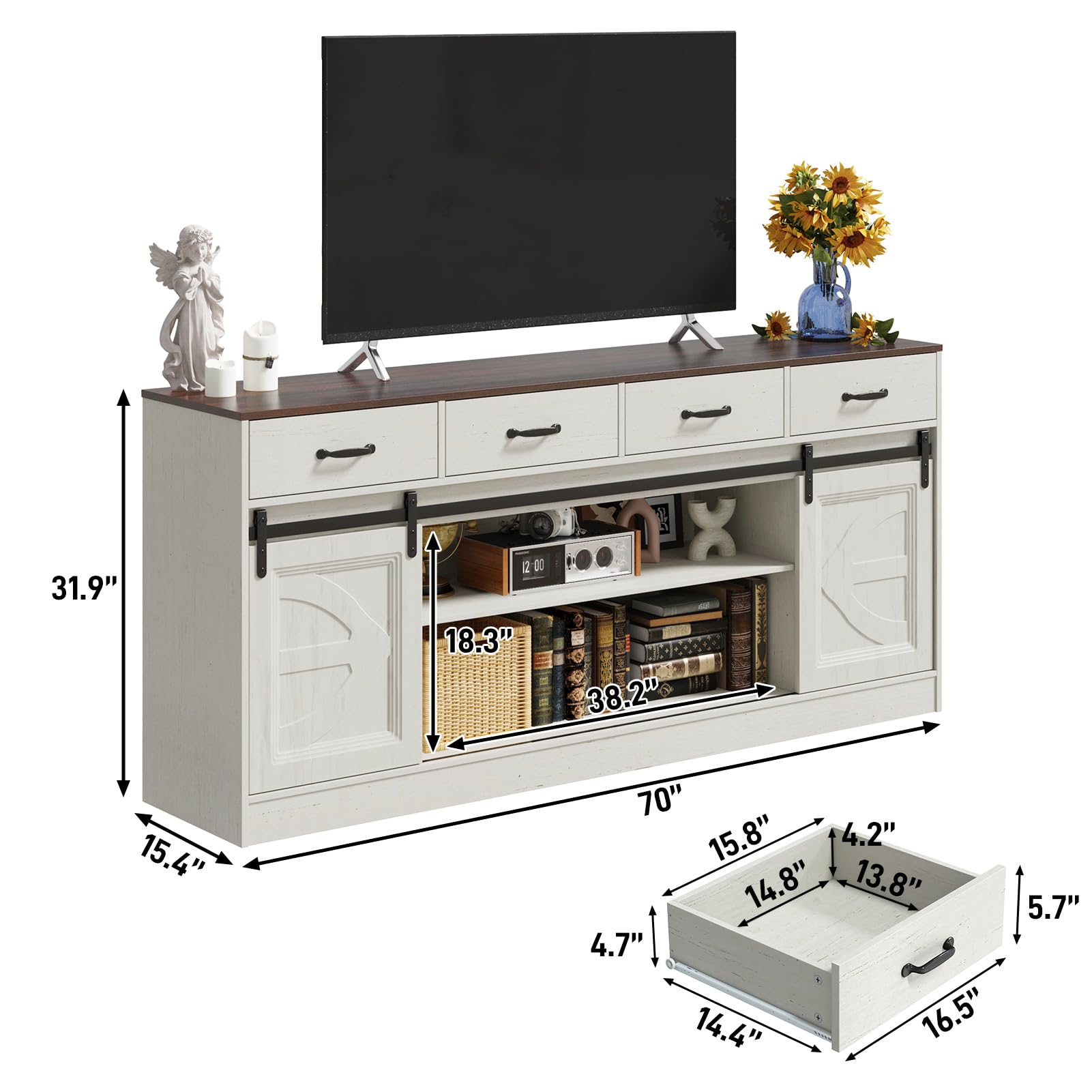 70" Large Farmhouse Tall TV Stand for 85/80/75/70 Inch TVs,4 Drawers,Brown