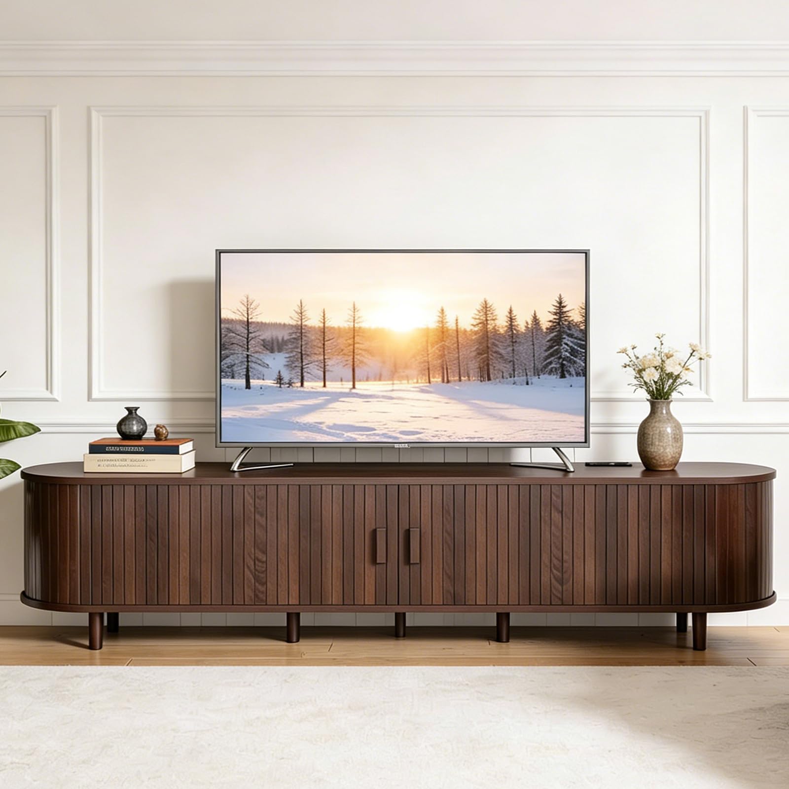 OneBlis 70" Mid Century Modern TV Stand, Wood TV Consoles with Sliding Doors and Power Outlet, Entertainment Center with Adjustable Shelves, Fluted TV Stands for Living Room, Walnut