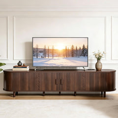 OneBlis 70" Mid Century Modern TV Stand, Wood TV Consoles with Sliding Doors and Power Outlet, Entertainment Center with Adjustable Shelves, Fluted TV Stands for Living Room, Walnut