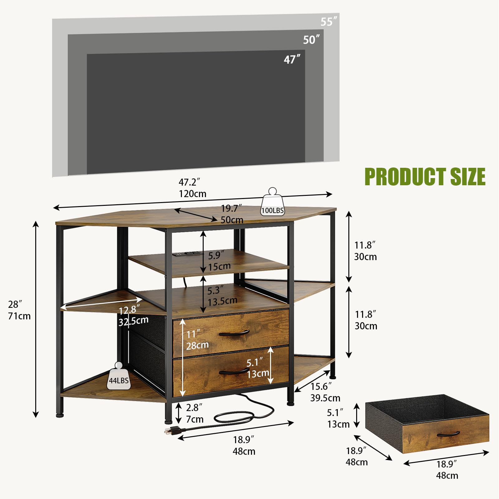 Welfuturer Corner TV Stand for 55 Inch TV with Drawers, Brown