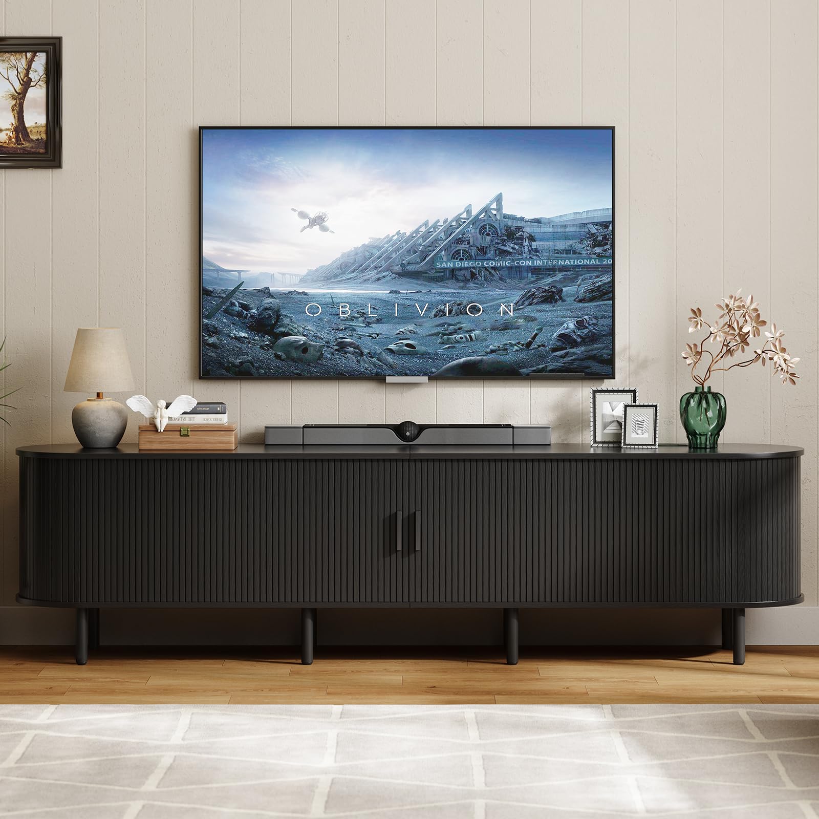 ONBRILL 70.8" TV Stand with Power Outlet for TVs up to 75 Inch, Entertainment Center with Storage and Adjustable Shelves, Modern Media Console with Sliding Doors for Living Room, Walnut