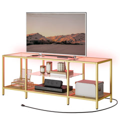 HOOBRO TV Stand with LED Lights and Power Outlets for TVs up to 75", Modern 70.9 Inch Tempered Glass TV Console Table with Open Shelves, Media Entertainment Center for Living Room, Gold GD185UDS01