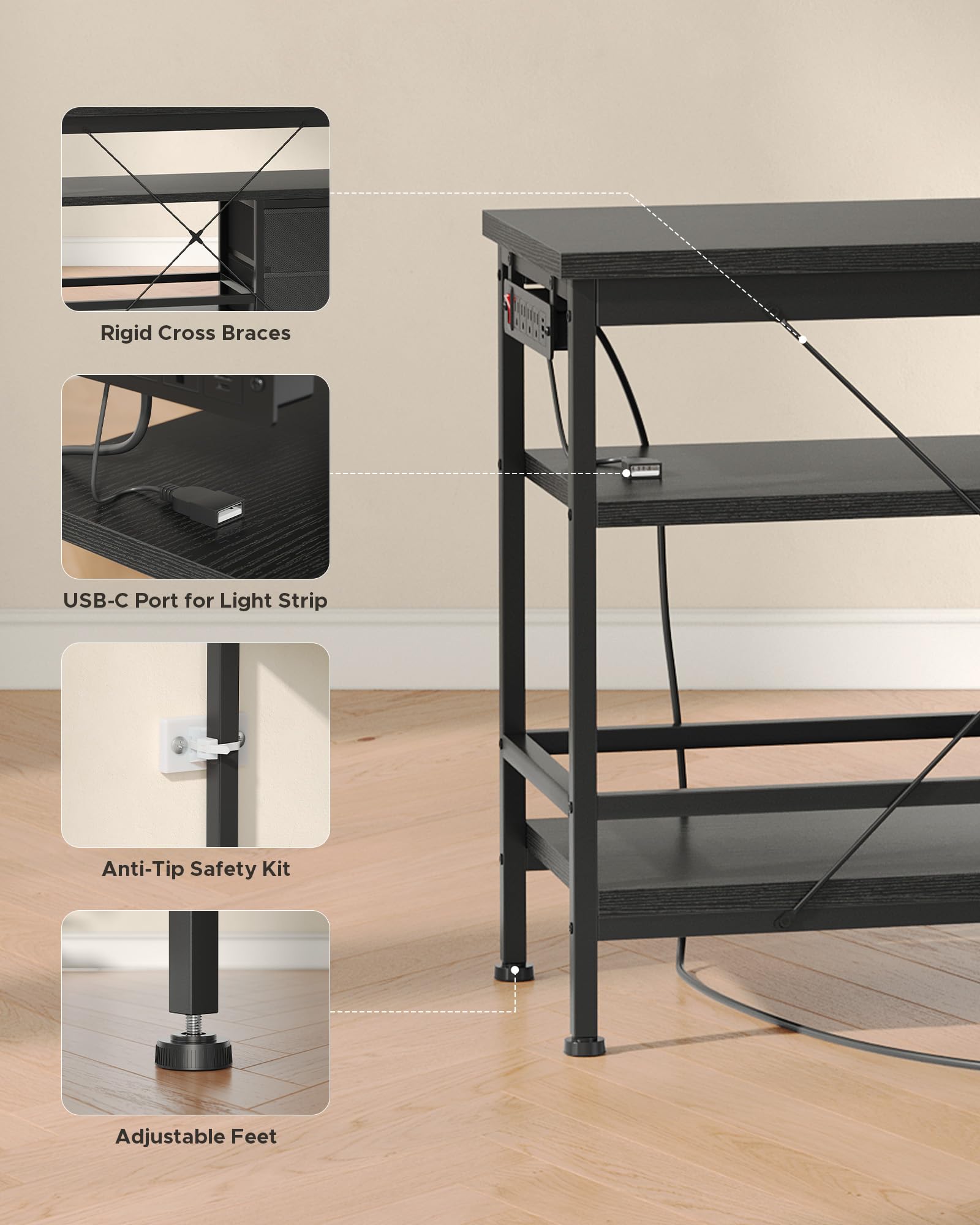 Lazzanto 63in TV Stand for 55-75in TVs, LED Lights, Charging Station, Black