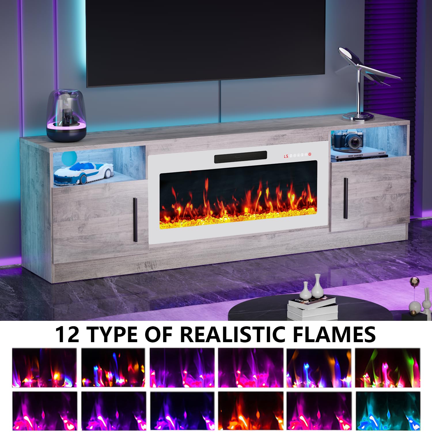 PRETZI Fireplace TV Stand with 36" Fireplace Up to 80" TVs for Living Room