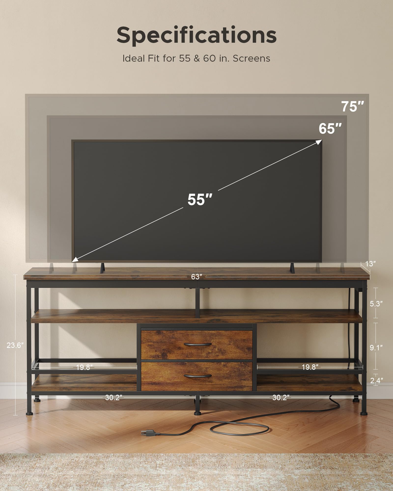 Lazzanto 63in TV Stand for 55-75in TVs, LED Lights, Charging Station, Black