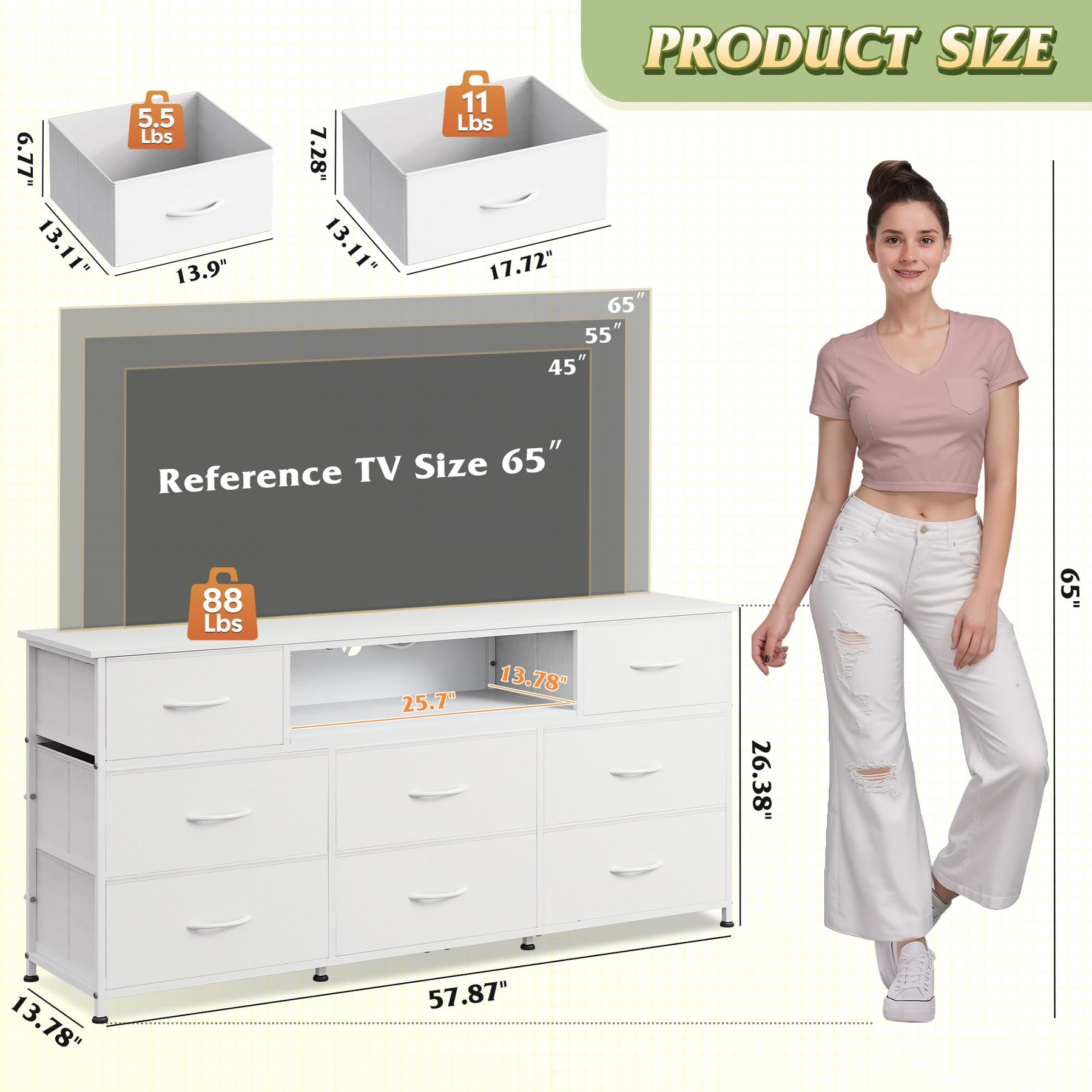 WLIVE LED Dresser TV Stand for 65 Inch TV, 8 Drawers, Rustic Brown