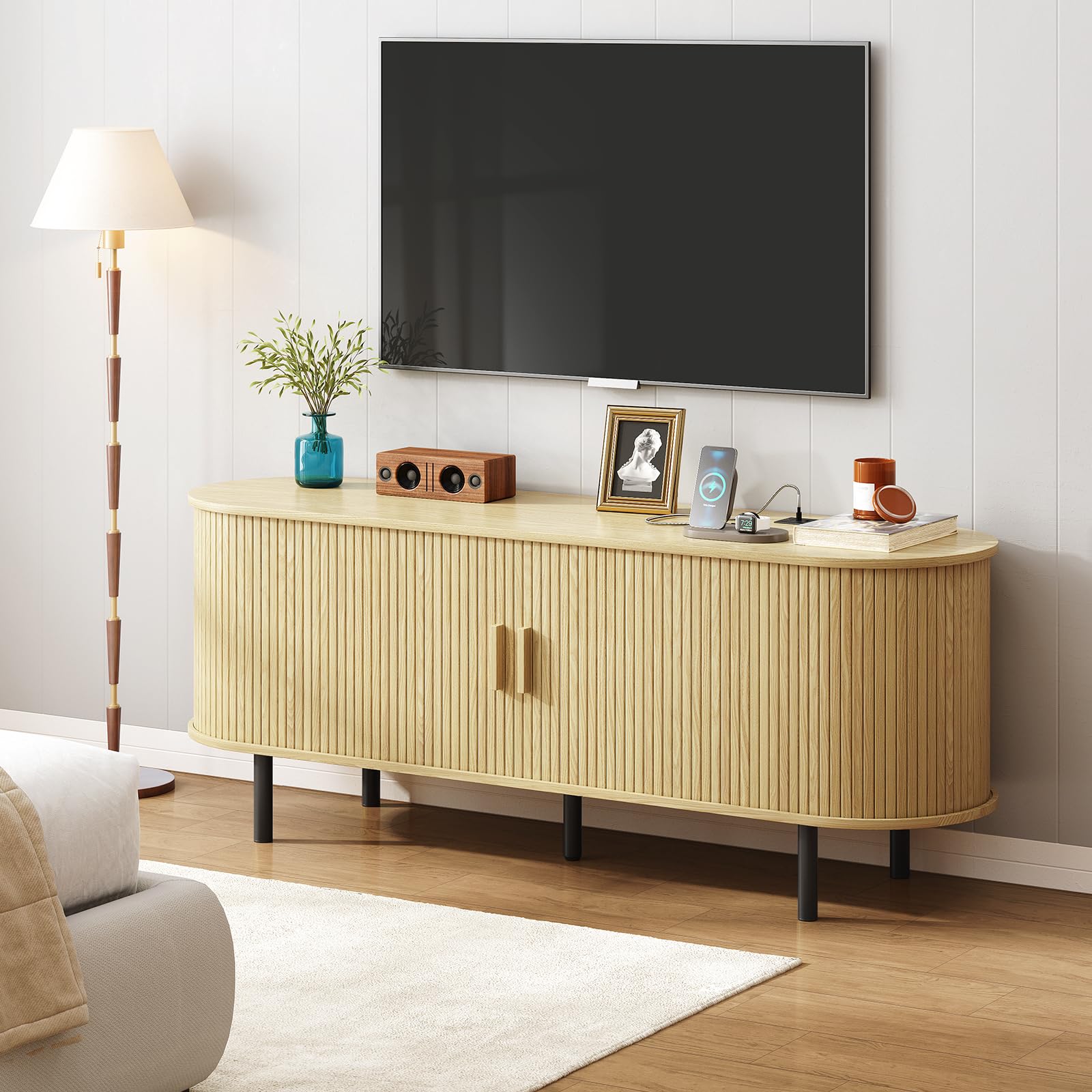 ONBRILL 70.8" TV Stand with Power Outlet for TVs up to 75 Inch, Entertainment Center with Storage and Adjustable Shelves, Modern Media Console with Sliding Doors for Living Room, Walnut