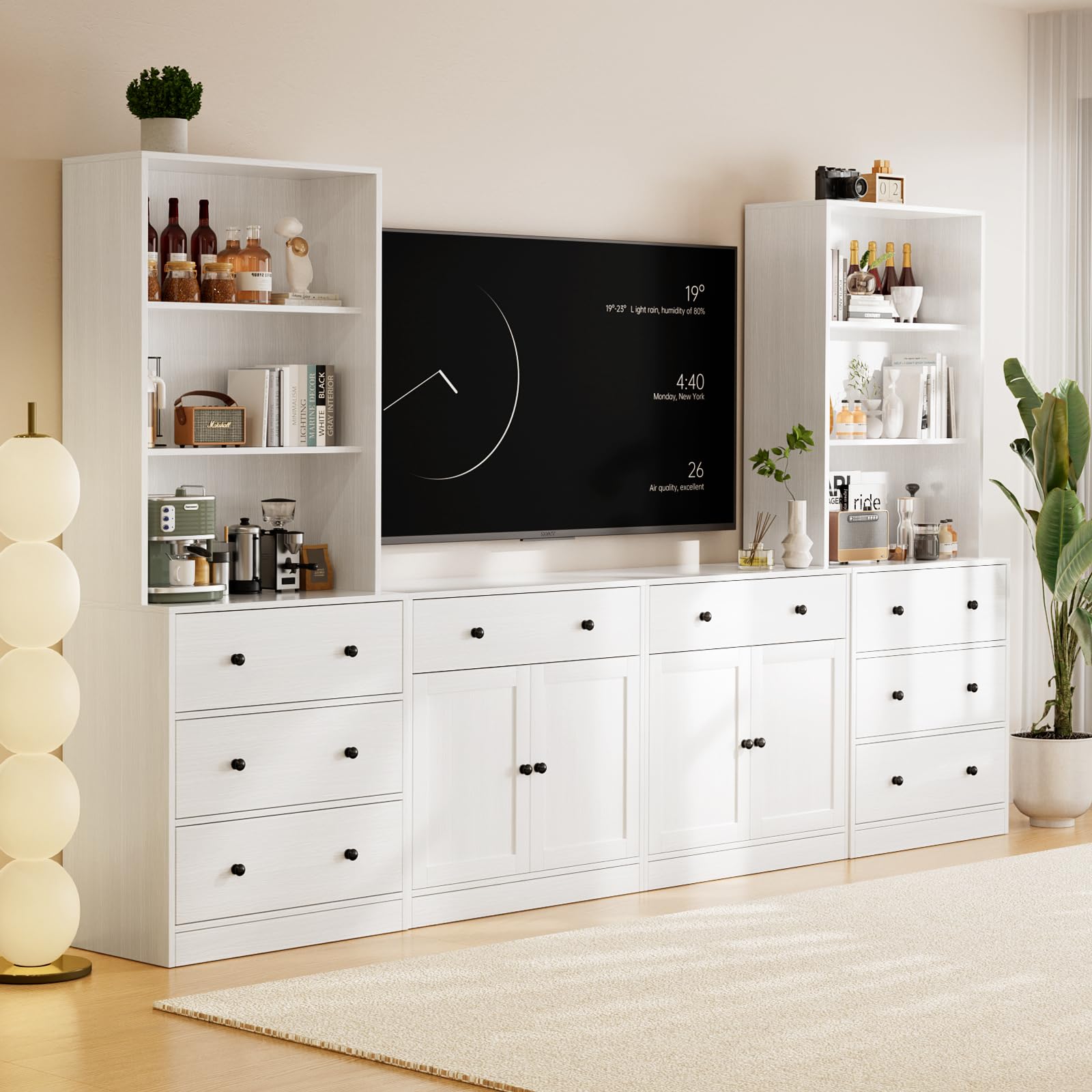 TUSY 71" Large TV Stand Set - TV Entertainment Center for TVs up to 65", Media Center with Tempered Glass Doors and Drawer, TV Hutch with Bookshelves for Living Room (White, BDDB)