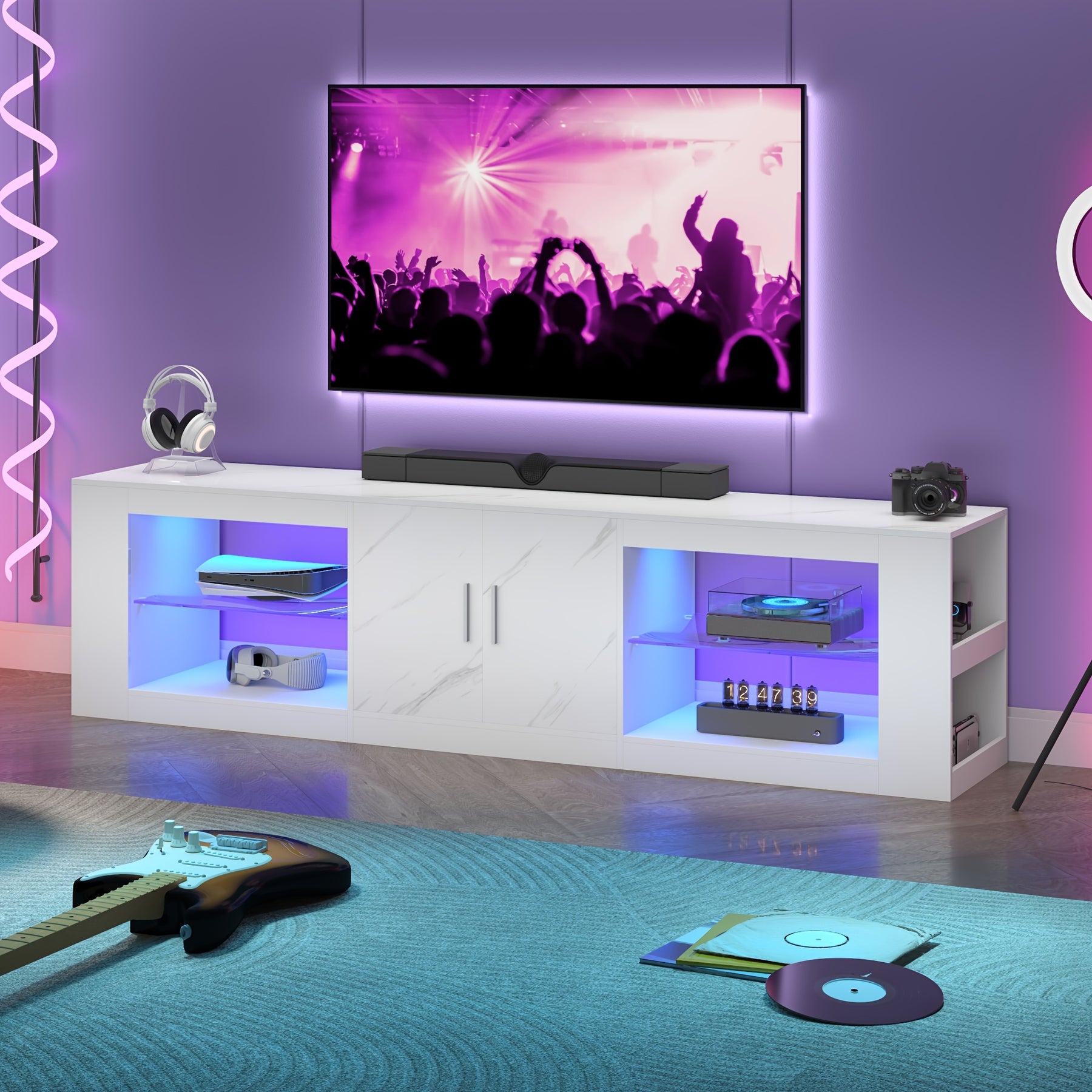 LED TV Stand for 55/60/65/70/75/80 Inch TV, Marble Pattern Gaming Entertainment Center with PS5, Xbox, Modern TV Cabinet with Storage And LED Lights, TV Console with Adjustable Glass Shelves for Living Room, Bedroom, White Or Black Marble
