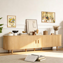 OneBlis 70" Mid Century Modern TV Stand, Wood TV Consoles with Sliding Doors and Power Outlet, Entertainment Center with Adjustable Shelves, Fluted TV Stands for Living Room, Walnut