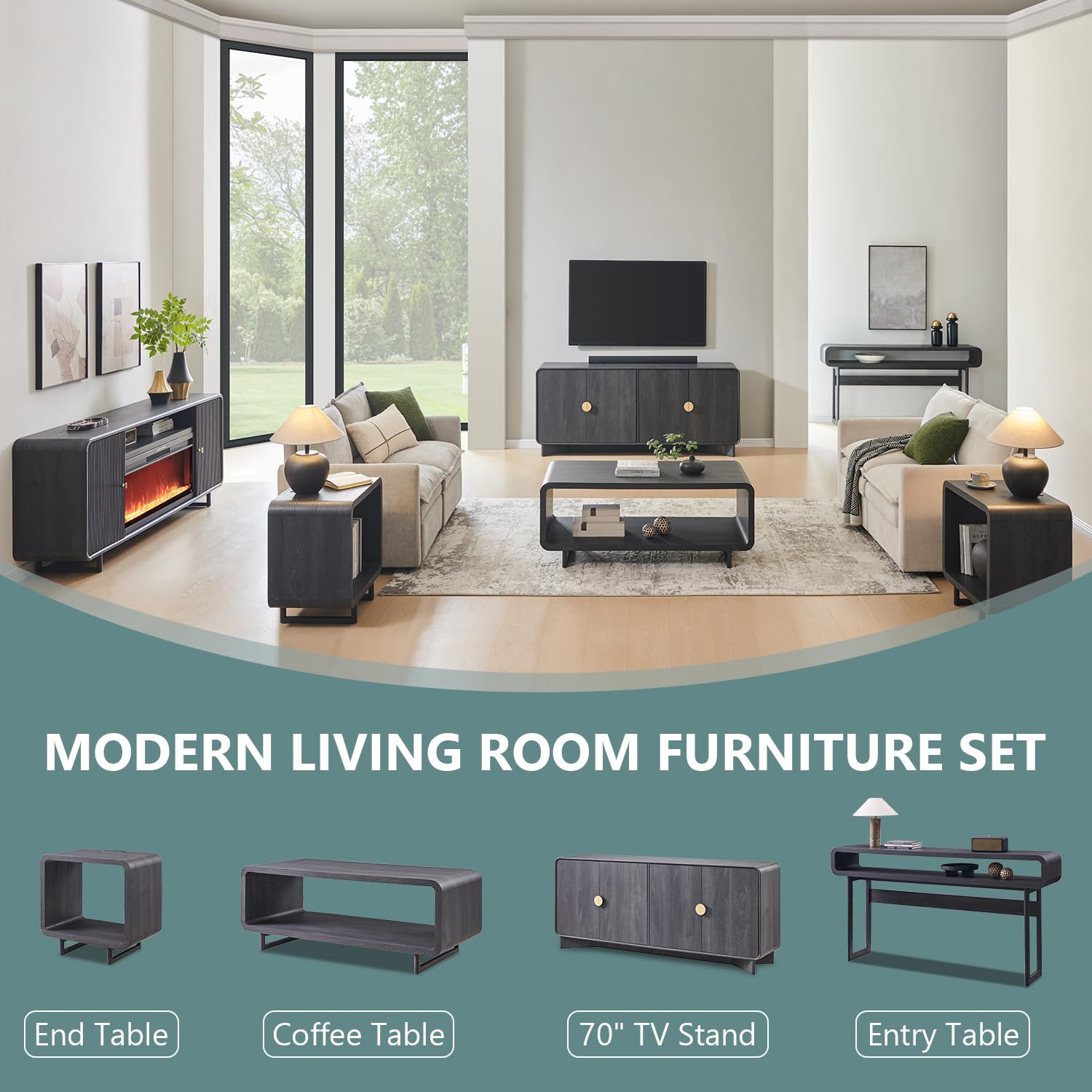 IFGET 70" Modern TV Stand with Storage, Wood Curved TV Console, Natural Oak