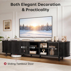 OneBlis 70" Mid Century Modern TV Stand, Wood TV Consoles with Sliding Doors and Power Outlet, Entertainment Center with Adjustable Shelves, Fluted TV Stands for Living Room, Walnut
