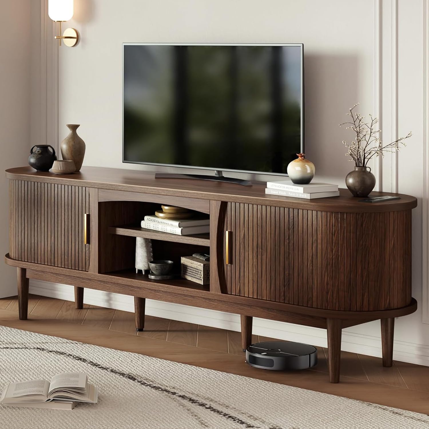 Decofy Mid Century TV Stand for TVs up to 80 Inches, Entertainment Center with Storage, Power Outlet, Fluted Sliding Doors & Adjustable Shelves, Modern Media TV Console Table for Living Room (Walnut)
