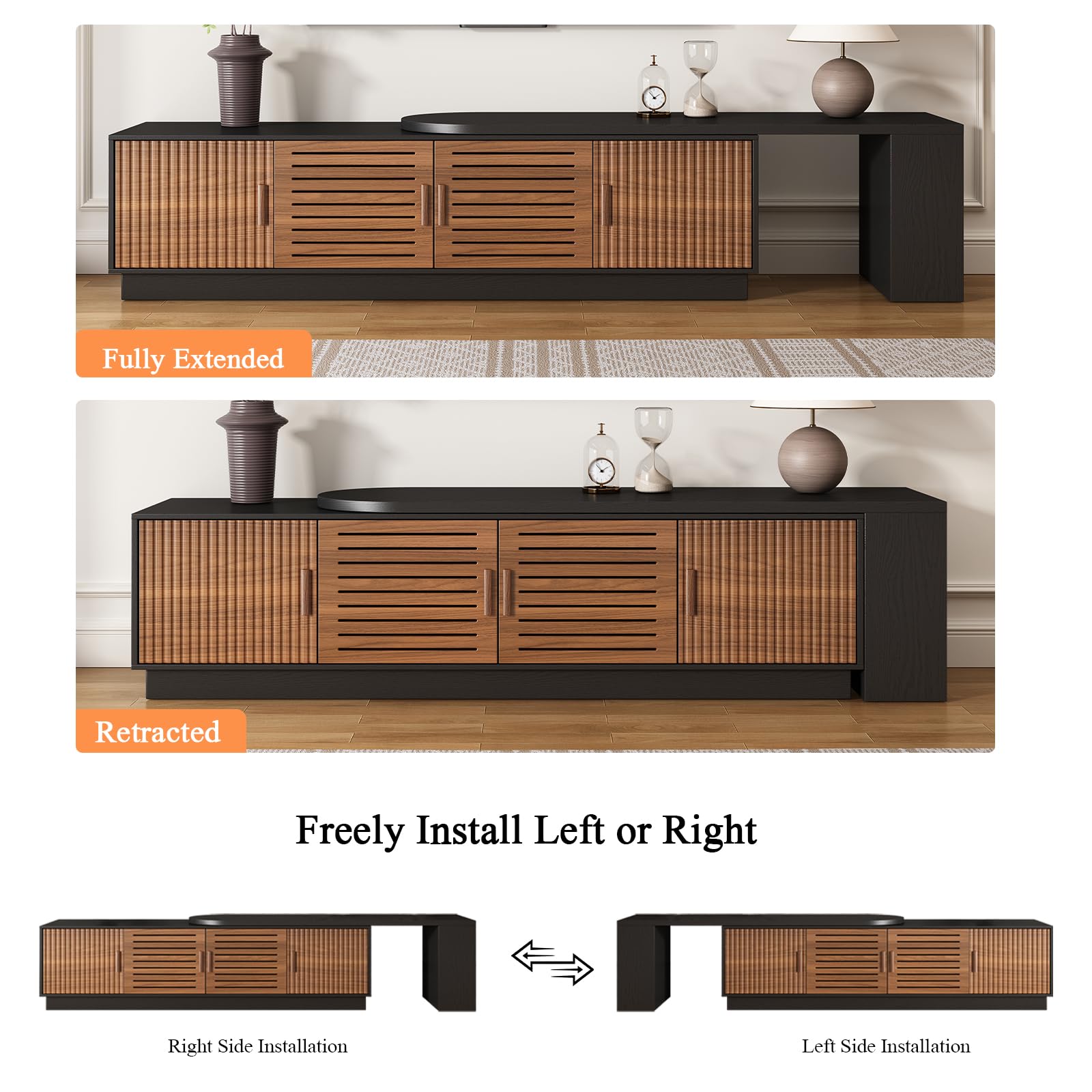 JGOEI 75"-85" or 90" Mid Century Modern TV Stands, Extendable TV Stand with 4 Storage Cabinets, TV Console with Storage, Adjustable TV Stand for Up to 98 Inch TVs, Modern Entertainment Center, Black