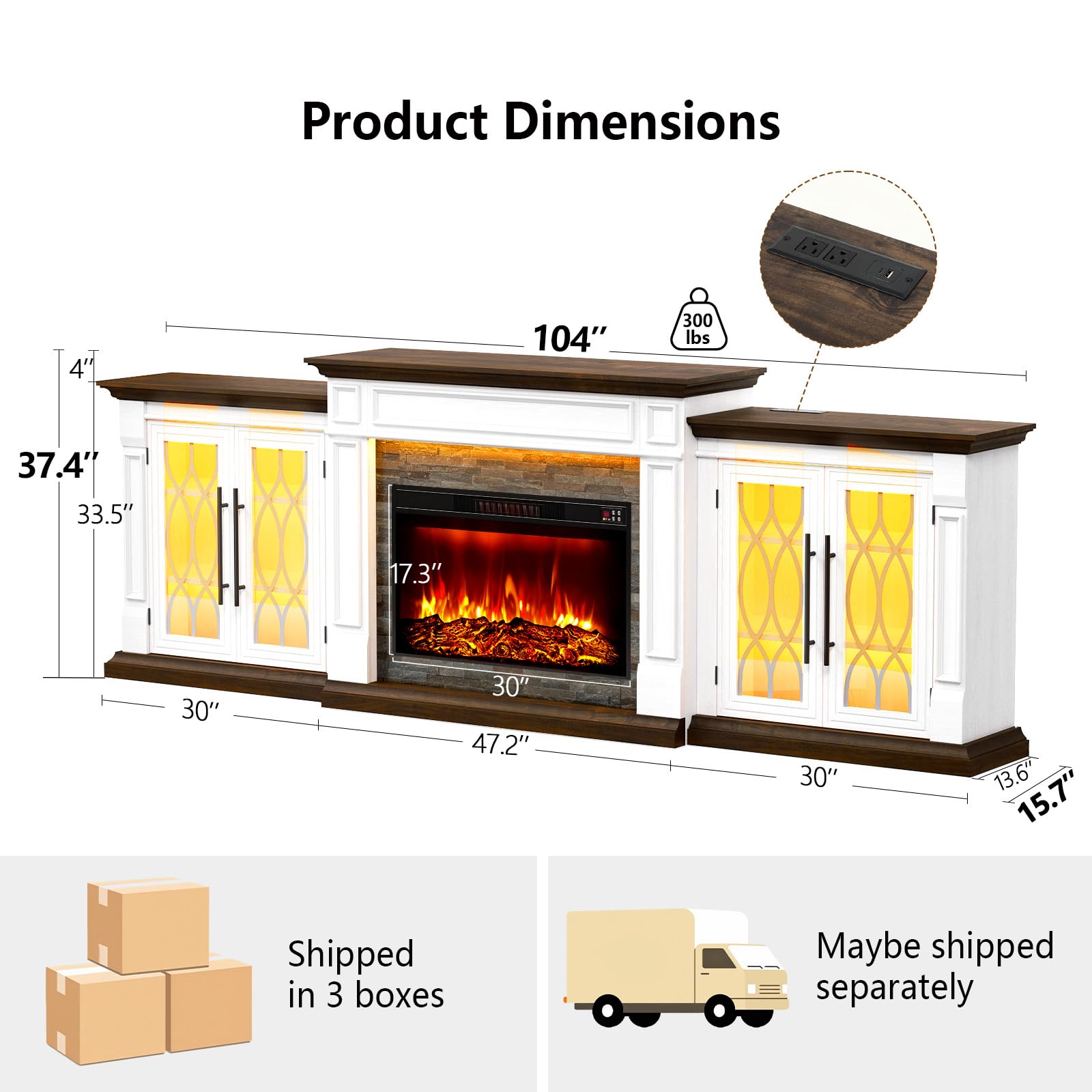 HolliWill 104" Fireplace TV Stand for TVs Up to 100 Inch, LED Electric Fireplace with Mantel and Sideboard Cabinets, Entertainment Center with 4 Glass Doors and Outlet, Modern for Living Room